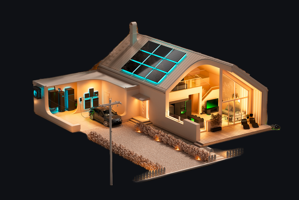 Doorsnede van een woning met zonnepanelen, thuisbatterij, warmtepomp en laadpaal
